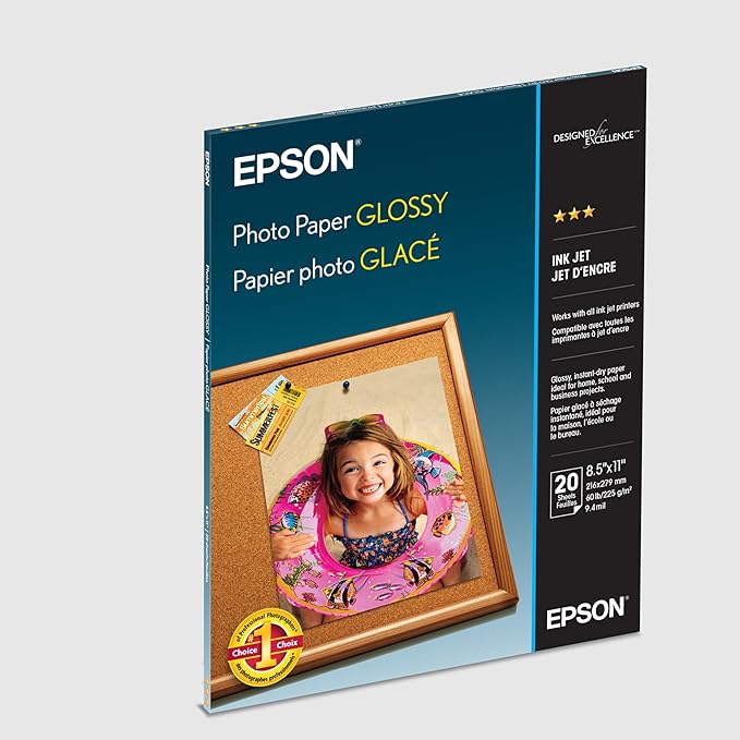 Epson Glossy Photo Paper, 8.5 x 11 Inches, 20 Sheets per Pack (S041141),White