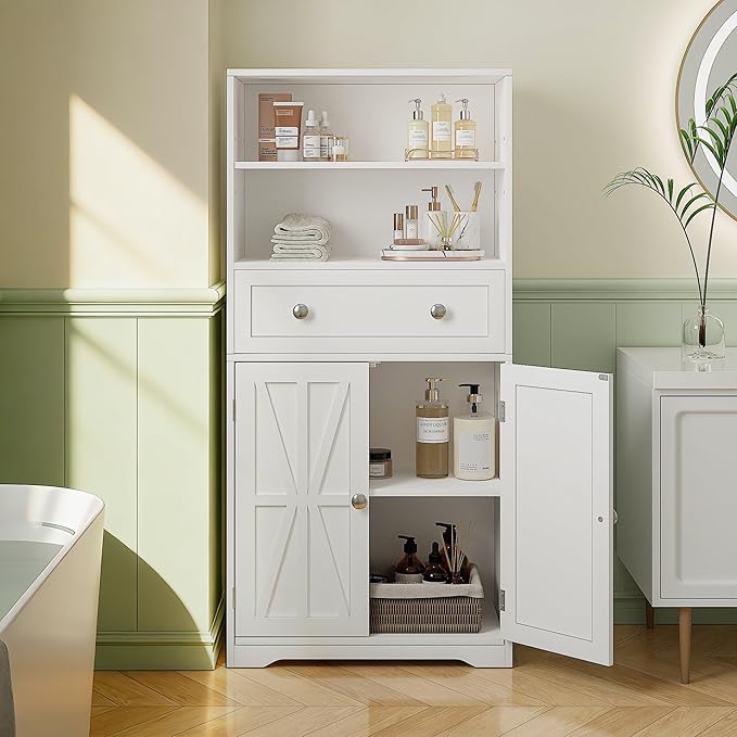 VECELO Bathroom Floor Storage Cabinet with Drawer, Freestanding Storage Unit with Adjustable Shelves, Open Compartments, for Bathroom, Living Room, Kitchen, White