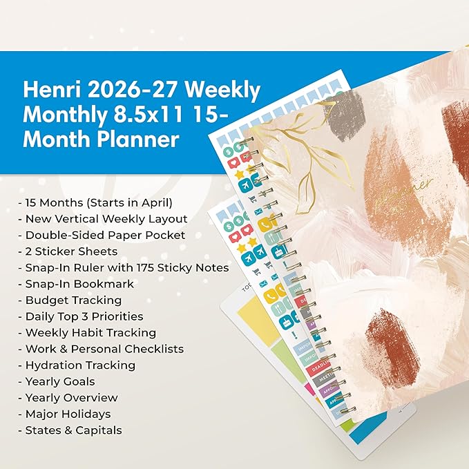 Blue Sky 15 Month 2026-2027 Weekly and Monthly Academic Year Planner Calendar, April 2026 - June 2027, 8.5" x 11", Hard Cover, Wirebound, Laminated Tabs, Storage Pocket, Includes Snap-in Ruler w/Sticky Notes & Sticker Sheet, Henri