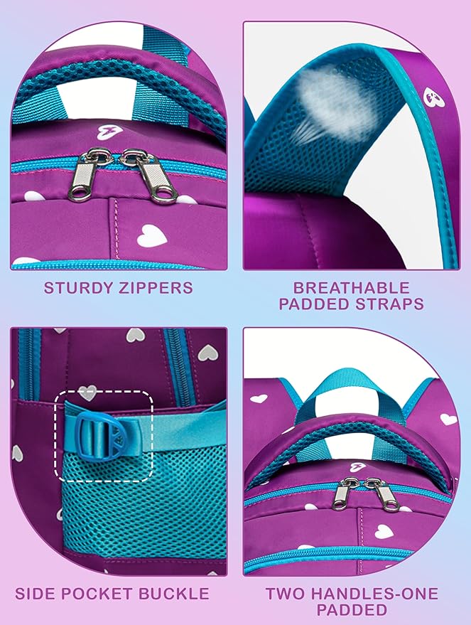 BLUEFAIRY Kids Backpack with Lunch Box for Girls Boys Elementary Primary Middle School Bag with Lunch Bag Set 17 Inch Bookbag Mochilas Escolares para Niñas Niños (Hearts, Purple)