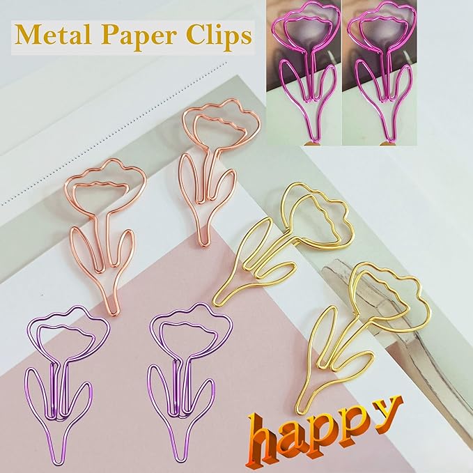 48 Pcs Metal Paper Clips Set - Multicolored Rose-Shaped Cute Paperclips for School and Office File Organization, Suitable for Party and Wedding Decor (ROSEFLOWER)