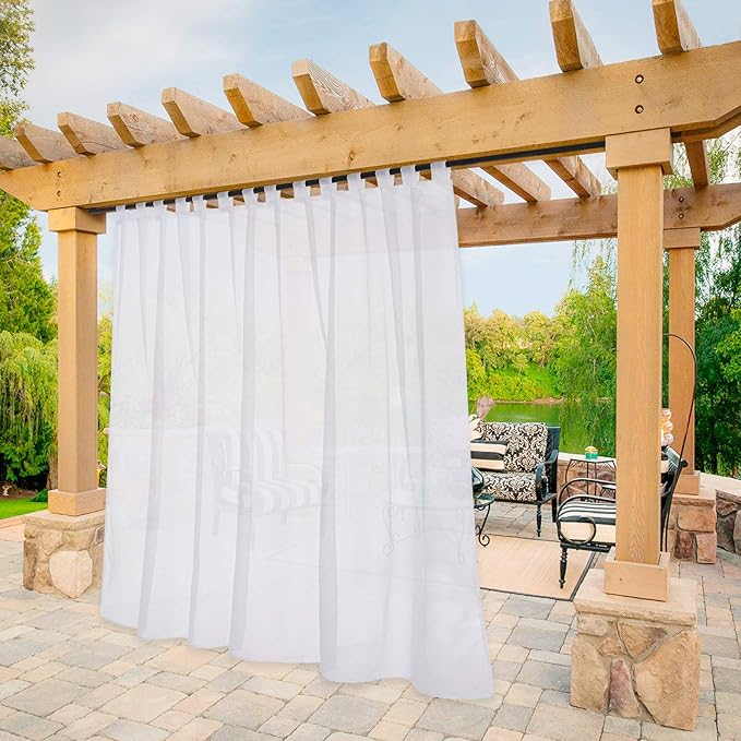 NICETOWN White Sheer Outdoor Curtain for Patio Waterproof, Self Sticky Tab Top Sheer Voile Panel Airy & Breathable Drapes with Rope Tie Back Porch/Pool, 1 Pack, W100 x L120