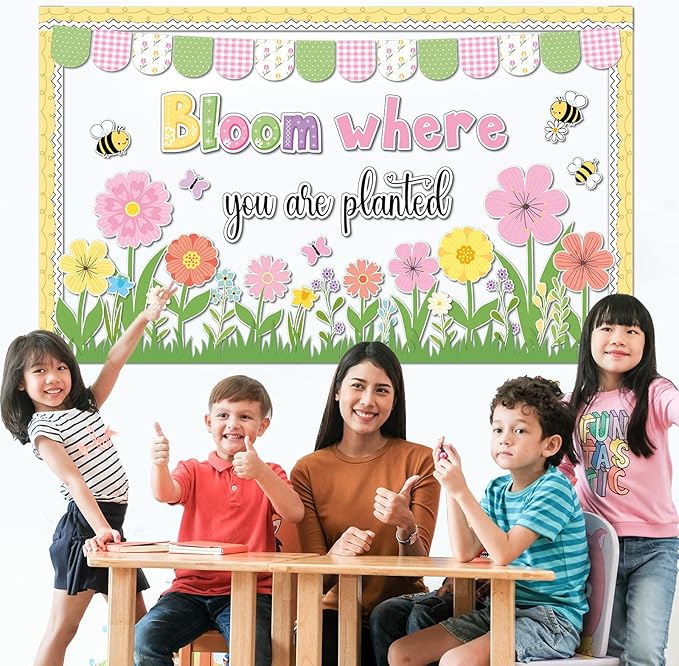 Spring Bulletin Board Set Colorful Flower Cutouts Flower Classroom Decoration Bloom Where You are Planted Bulletin Board Spring Floral Cut Out for School Classroom Office Home Chalkboard Wall Decor