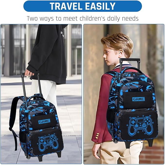 Boys Rolling Backpack for Kids - Glow in The Dark Kids Rolling Backpack with Wheels for Elementary Middle School - Gamer Roller School Bookbag Aged 6-18, Wheeled Travel Bag Large Capacity