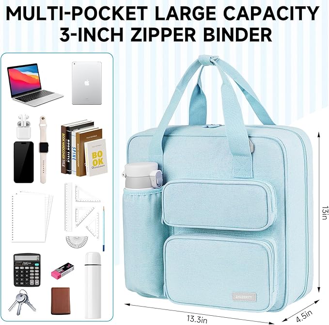 Zipper Binder 3 Ring, 500 Sheets Capacity, Binder 2 Inch with Shoulder Strap Fits 13 Inch Laptop for School and Office,Blue