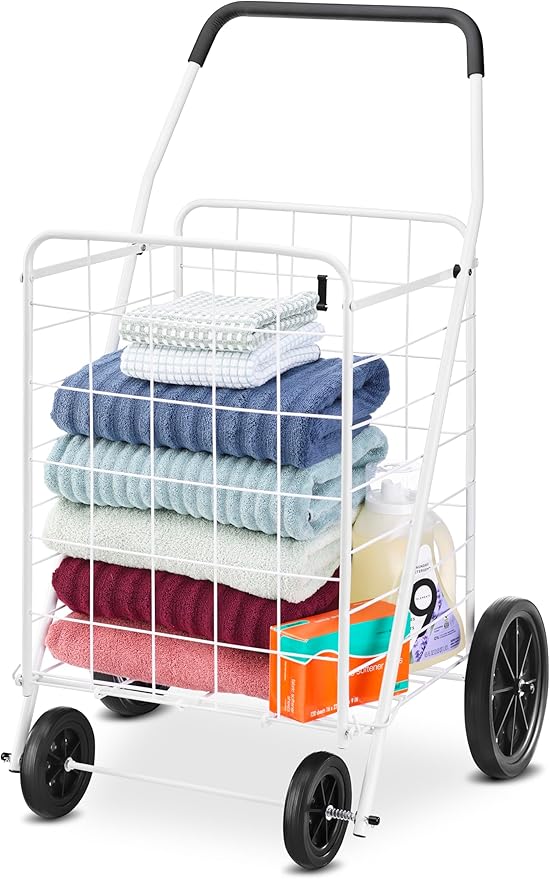 Whitmor Deluxe Utility Foldable Shopping Cart with Wheels, 100 Lb Capacity, Heavy Duty Grocery Cart with Steel Frame, Foam Handle, Rolling Folding Utility Trolley for Grocery, Laundry, Travel, White