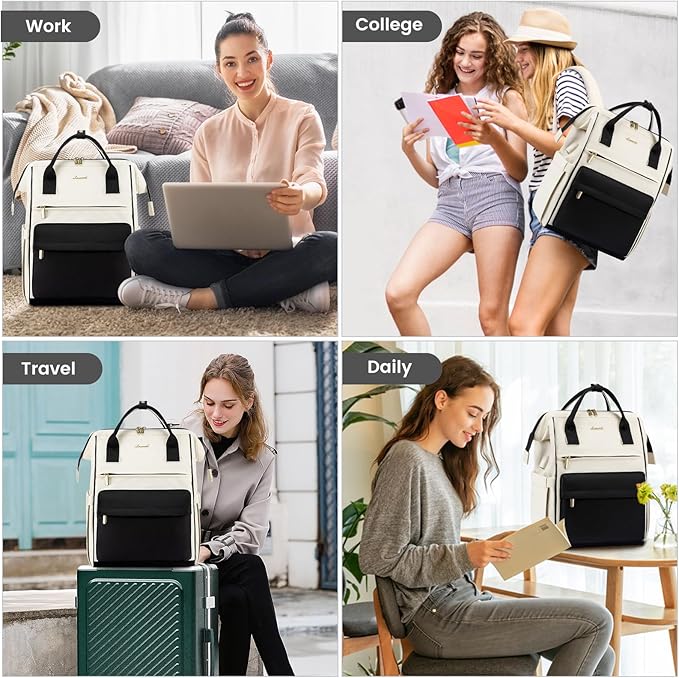 LOVEVOOK Laptop Backpack for Women, 17 Inch Work Teacher Nurse Bag, Large Capacity Business Computer Backpack Purse with USB Port, Stylish Casual Daypack for Travel,Beige&Black