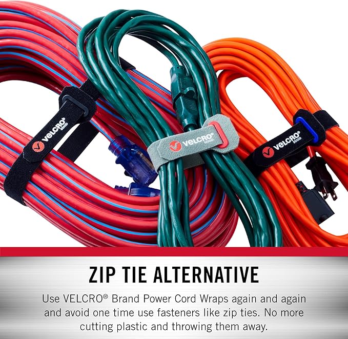 VELCRO Brand Power Cord Wraps | Heavy Duty Straps for Cords, Hoses, Garage or RV Organization | 6pc Multipack | 3 Sizes 12, 16 and 24 Inch | Black and Gray