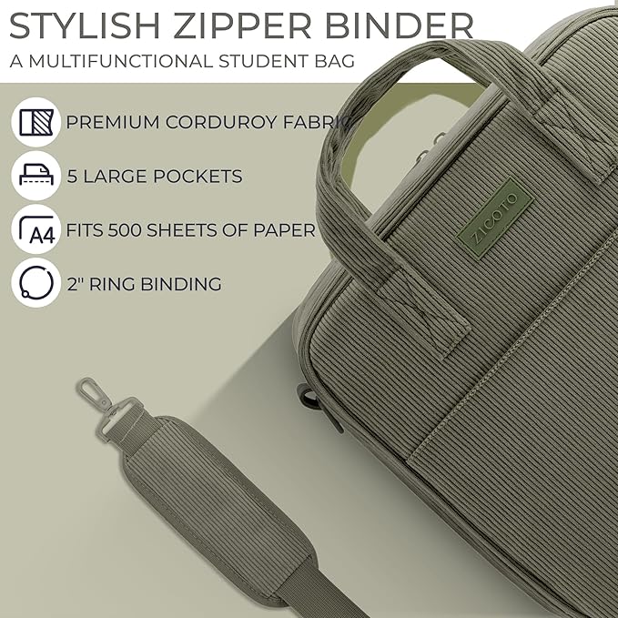 Sturdy 3-Ring Zipper Binder with Shoulder Strap for School – Beautiful 2-Inch Zip-Up Binder with Extra Pockets Holds 500 Sheets, Books & Laptop – Easy-to-Carry Trapper Keeper Made of Premium Fabric