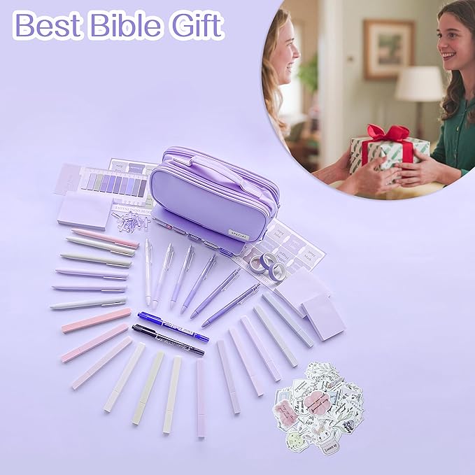 J6&H6 Complete Bible Study Supplies Journaling Kit with Tabs, Highlighters and Color Pens, Notebook,Stickers & More 56pcs Bible Accessories Set for Women, Beginner Christian Gifts(Purple)