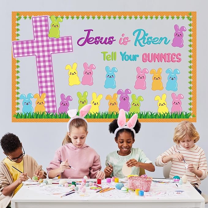 Pajean Easter Bulletin Boards Easter Classroom Decor Christian Religious Bulletin Board He is Risen Cross Bunny Egg Cutouts for Spring School Home Church Wall Door (Rabbit)