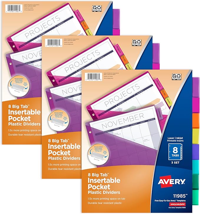 Avery Insertable 8 Tabs Plastic Divider for 3 Ring Binders with Pocket, Works with Sheet Protectors, 3 Sets (8 Colors)