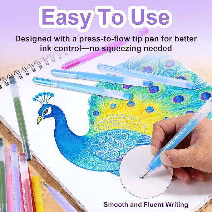 36 Colored Gel Pens Set, Glitter Gel Pens for Adult Coloring Books, No Bleed Through Acrylic Paint Markers, Medium Point Art Colored Pens Kit for Drawing, Sketching