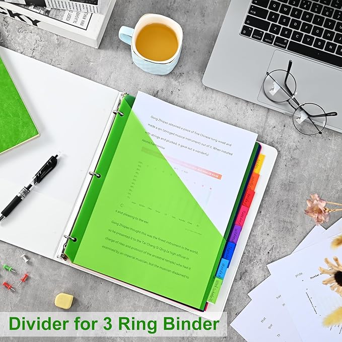 8-Tab Binder Dividers - Index Pockets Divider for 3 Ring Binders, 3-Hole Plastics Sheets Protectors for US Letter Size in 0.5'', 1'', 2'', 3 inch Binders, 8 Colors (XY004) (1 Pack)