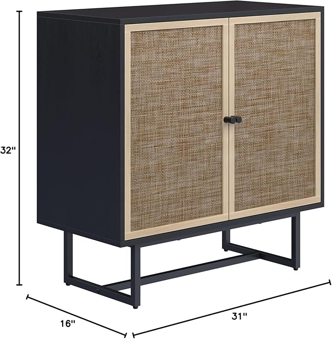 Nathan James Kova Rattan Wood Accent Sideboard Storage Cabinet with Matte Metal Frame, Adjustable Interior Shelves and Cane Doors, for Hallway, Entryway or Living Room, Black Oak/Cane