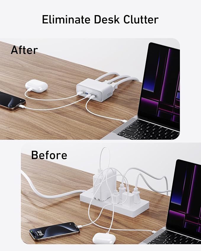 Anker Nano Charging Station(100W Max), 7-in-1 USB C Power Strip for iPhone 16/15/14 and MacBook Air/Pro, 5ft Thin Cord,3AC, 2USB A,2USB C,Power Delivery Desktop Accessory for Home&Office(White)
