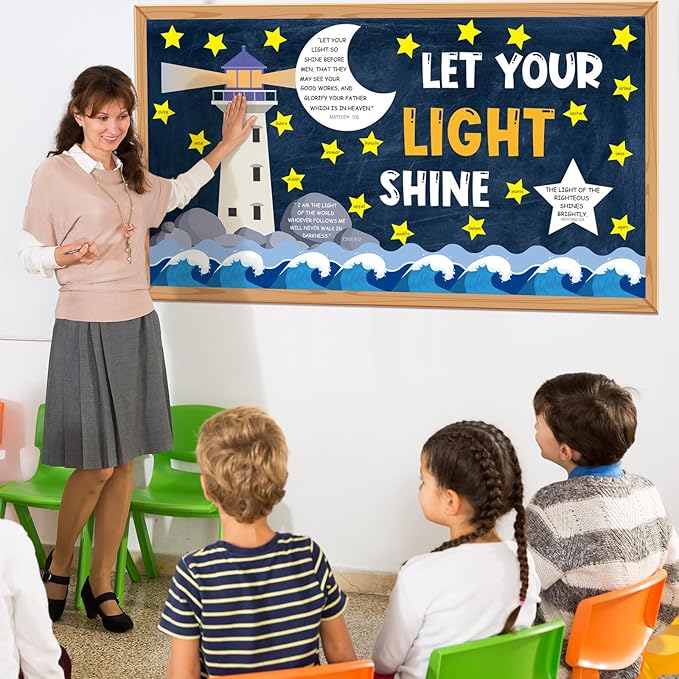 88 Pcs Let Your Light Shine Bulletin Board Set Christian Religious Bulletin Board Decoration Bible Verse Lighthouse Cutouts Christian Classroom Decor for Church Sunday School Wall