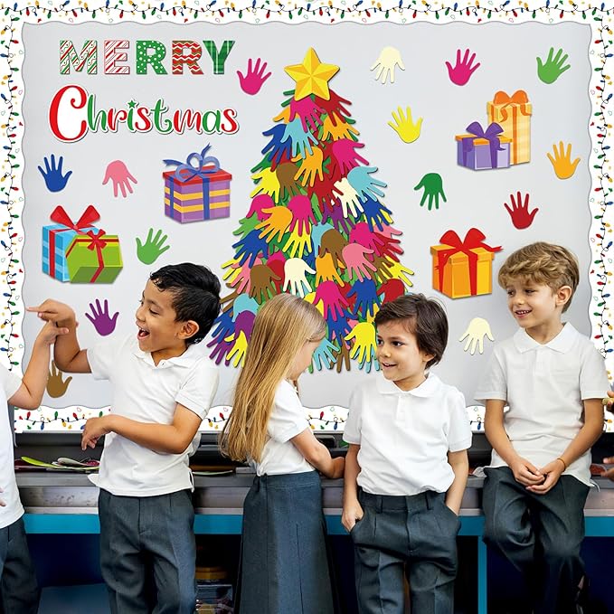 Christmas Bulletin Board Decoration Set Xmas Tree Handprint Name Tags Cutouts for Xmas Holiday Bulletin Board Decor Craft Home Wall(Merry Christmas)
