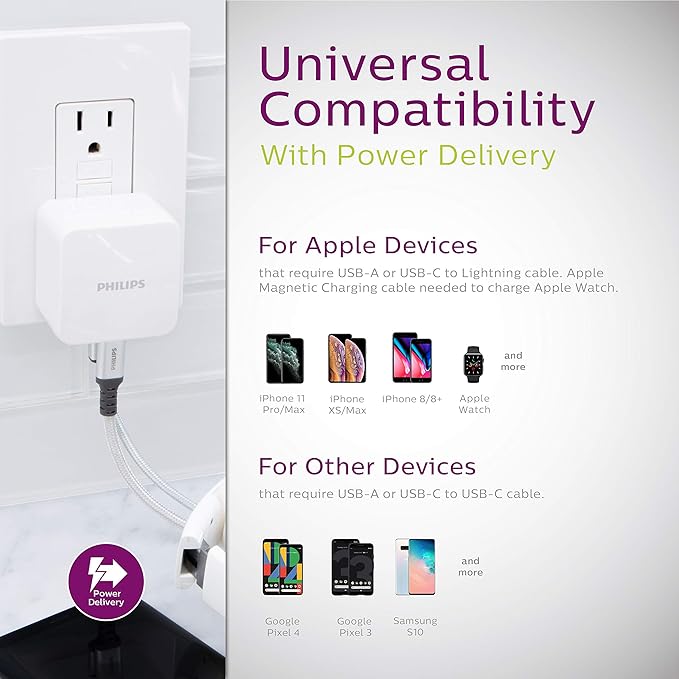 Philips iPhone USB Wall Charger Block, 22.5W Charging Block with USB C and USB A for iPhone 16, 15, 14 Series, iPad, Power Adapter Cube, Foldable Plug Charging Box, White, DLP2507PTS1/27