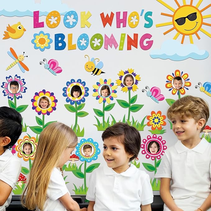 88Pcs Spring Bloom Flower Bulletin Board Decorations Set Look Who’s Blooming Classroom Decor Growth Mindset Photo Posting Craft Cutouts for School Offices Classroom Back to School Party Supplies