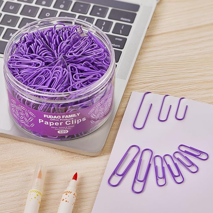 FUDAO FAMILY 500pcs Purple Paper Clips Assorted Sizes, Small, Medium and Large(1.1inch, 1.3inch and 2inch Paper Clips, Vinyl Coated Paperclips for Office, School, Home Supplies