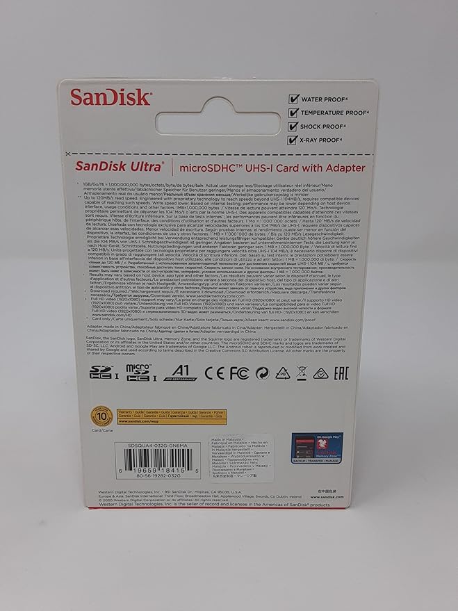SanDisk 32GB Ultra microSDHC UHS-I Memory Card with Adapter - 98MB/s, C10, U1, Full HD, A1, Micro SD Card - SDSQUAR-032G-GN6MA