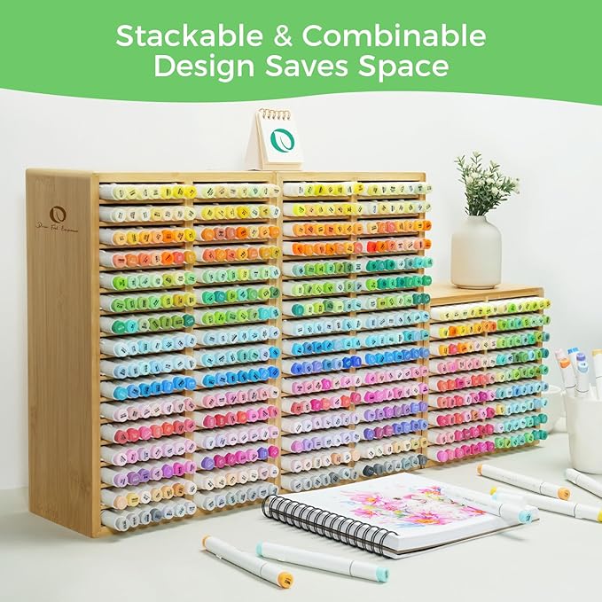 Ohuhu Bamboo Marker Organizer, Desktop Storage Hold 224 Markers for Honolulu Oahu Series of Ohuhu Markers, Pens Pencils Stationary Organizer Holder with 32 Compartments for Classroom Office Decor