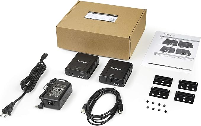 StarTech.com 2 Port USB 2.0 Extender Hub Over Cat5e/Cat6 Cable (RJ45) - 330ft/100m Industrial Metal USB Extender Adapter Kit w/ESD Protection - Externally Powered - 480 Mbps (USB2002EXT2NA)