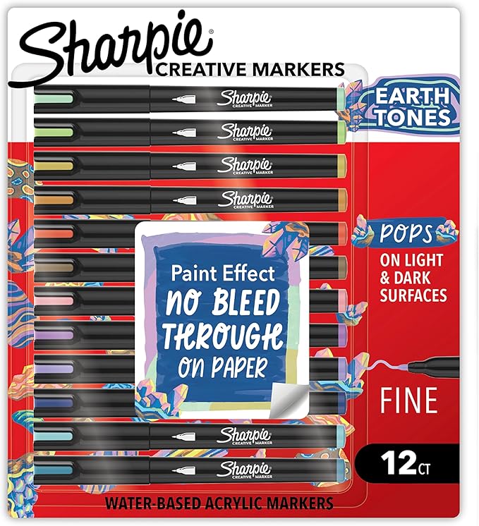 Sharpie Creative Markers, Earth Tones, Water-Based Acrylic Paint Markers, Fine Tip, 12 Count
