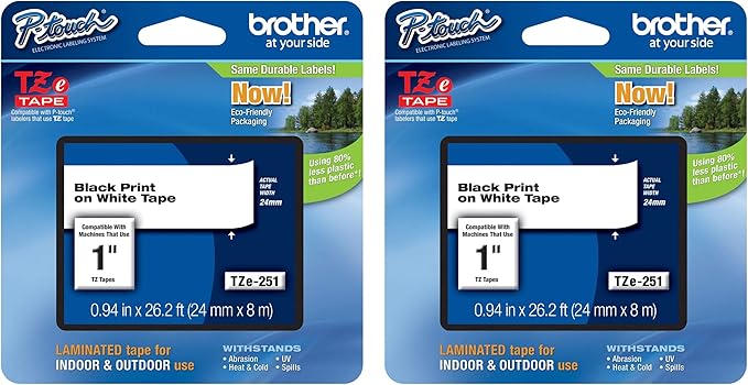 Brother Genuine P-Touch 2-Pack TZe-251 Laminated Tape, Black Print on White Standard Adhesive Laminated Tape for P-Touch Label Makers, Each Roll is 0.94"/24mm (Approx 1") Wide, 26.2 ft. (8M) Long