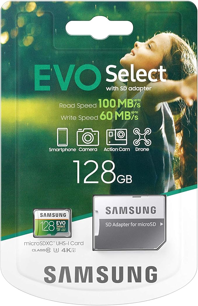 SAMSUNG: EVO Select 128GB MicroSDXC UHS-I U3 100MB/s Full HD & 4K UHD Memory Card with Adapter (MB-ME128HA)