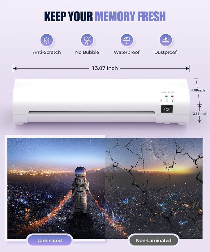 9 Inch Portable Laminator Machine with Anti-Jam Tech, All-in-One A4 Thermal Laminator w/Trimmer & Corner Rounder for Home, Office, School, Business, 40 Sheets Included(White)