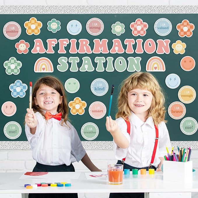 Classroom Bulletin Board Decoration - 120pcs Boho Affirmation Station Motivational Cutout Borders Decor Set, Back to School Chalkboard Library Wall Accents Ideas Kits for Welcome Party Supplies