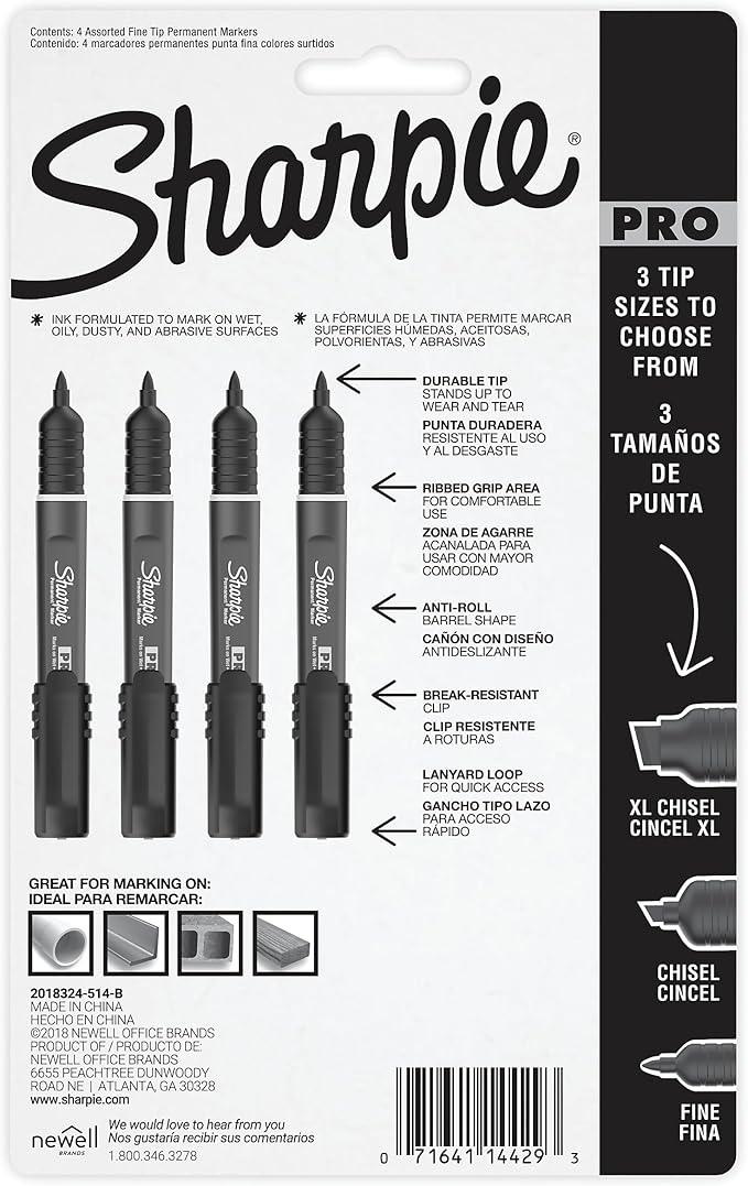 Sharpie Pro Permanent Markers, Fine Point, Assorted Colors, 4 Count - Built Jobsite Tough, Durable, Rugged, Anti-Roll
