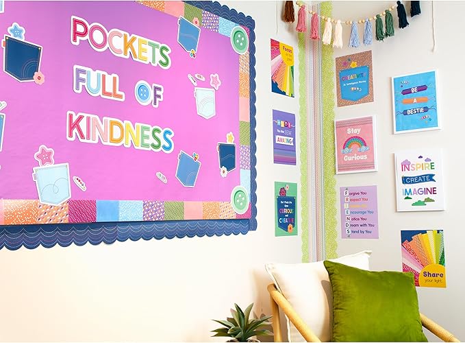 Carson Dellosa Crafty and Cool 58-Piece Pockets Full of Kindness Motivational Bulletin Board Set, Arts and Crafts Theme Growth Mindset Classroom Decor