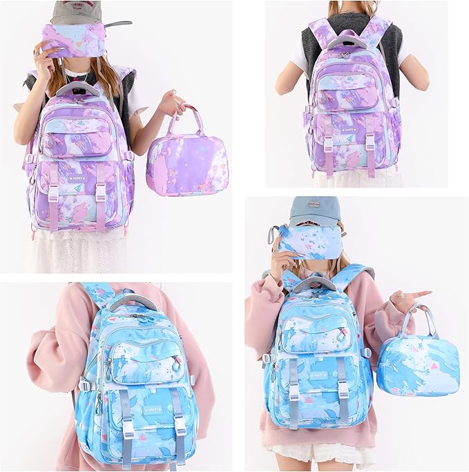 MITOWERMI Blue Backpack for Girls Bookbag School Bags Multi-pocket Girls Backpack for School Elementary Students Schoolbags Teens Kids Back packs (Sky Blue)