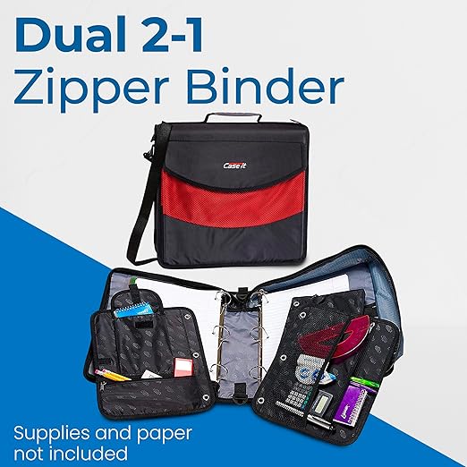 Case-it The Dual 2-in-1 Zipper Binder - Two 1.5 Inch D-Rings - Includes Pencil Pouch - Multiple Pockets - 600 Sheet Capacity - Comes with Shoulder Strap - Black Dual-121-A