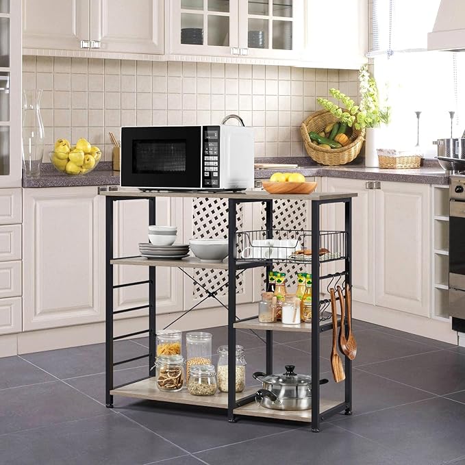 Yaheetech Kitchen Bakers Rack with Wire Basket, Coffee Bar Table Station Microwave Oven Stand Kitchen Utility Storage Shelf with 6 S-Shaped Side Hooks, Metal Frame, 15''D x 35.5''W x 33''H, Gray