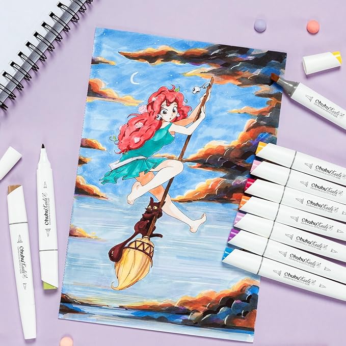 Ohuhu Alcohol Markers: 60 Colors Slim Broad and Fine Double Tipped Kaala Marker for Artists Adults Coloring Drawing Cartoon Anime Comic - Professional Art Pens with Ink Refillable Giftable Pen Set
