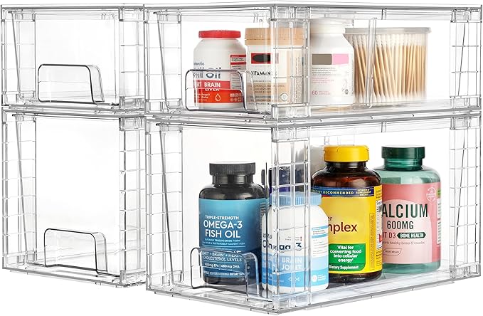 Vtopmart 4 Pack Clear Stackable Storage Drawers,Under Sink and Kitchen Organizers Storage,Easy to Assemble Plastic Drawers for Baby Bottle,Medicine, Bathroom,Cabinet and Pantry Organization