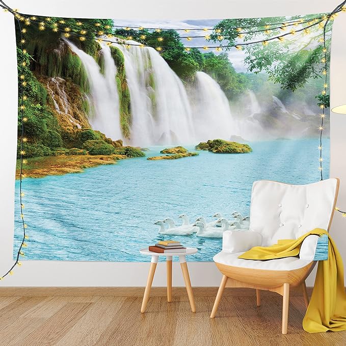 Ambesonne Waterfall Tapestry, Image of a Grand Waterfall with Swans in the Lake Sunny Day Nature Print, Fabric Wall Hanging Decor for Bedroom Living Room Dorm, 30" X 45", White Green