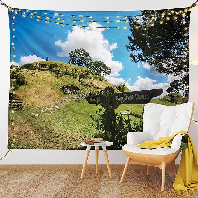 Ambesonne Hobbits Tapestry, Overhill Hobbit Village in Matamata New Zealand Fantasy Scene House Image Print, Fabric Wall Hanging Decor for Bedroom Living Room Dorm, 45" X 30", Green Blue