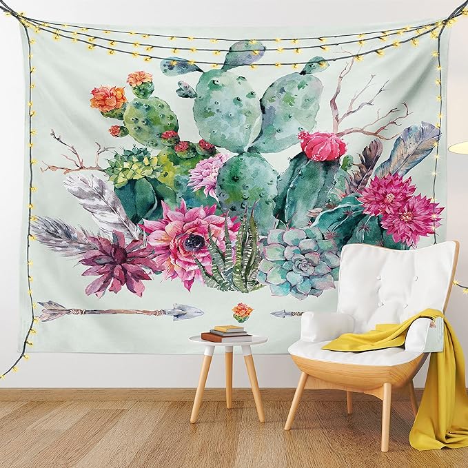 Ambesonne Cactus Tapestry, Spring Garden Boho Style Bouquet of Thorny Plants Blossoms Arrows Feathers, Wall Hanging for Bedroom Living Room Dorm Decor, 40" X 60", Rose Green Brown