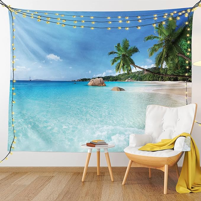 Ambesonne Ocean Tapestry Queen Size, Anse Lazio Beach at Praslin Island Surfing Beach Scenic View Travel, Wall Hanging Bedspread Bed Cover Wall Decor, 88" X 88", Blue and Turquoise