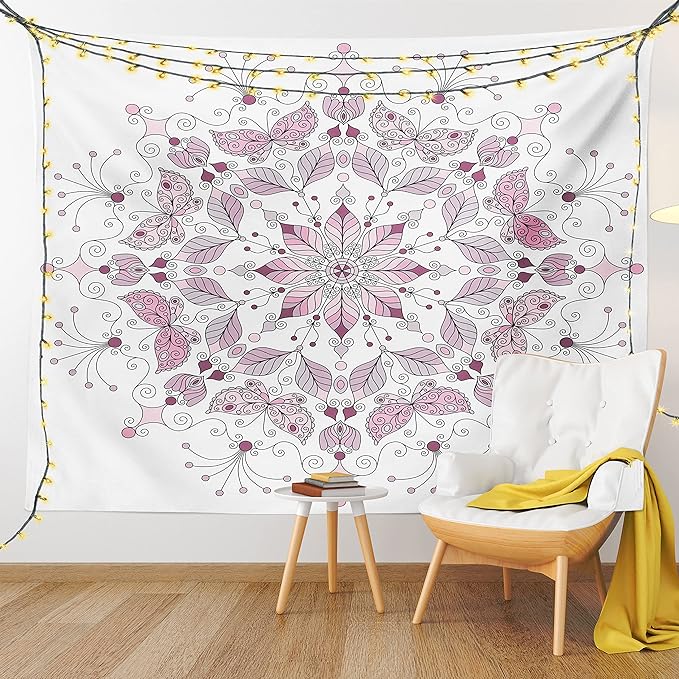 Ambesonne Mandala Tapestry King Size, Lacy Inspired Pastel Floral Motif with Butterfly and Lotus Branches Design, Wall Hanging Bedspread Bed Cover Wall Decor, 104" X 88", White Pale Pink