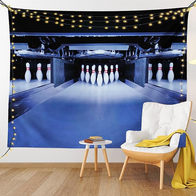 Ambesonne Bowling Party Tapestry King Size, Symmetrical Bowling Pins on an Empty Alley Hobby Fun Challenge Theme, Wall Hanging Bedspread Bed Cover Wall Decor, 104" X 88", Blue White Red