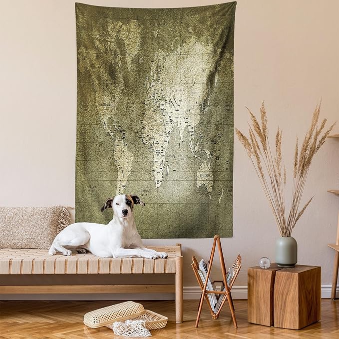 Ambesonne Antique Tapestry, Old World Map Texture Nostalgic Plan Atlas Trace of Life, Wall Hanging for Bedroom Living Room Dorm Decor, 60" X 80", Khaki Beige