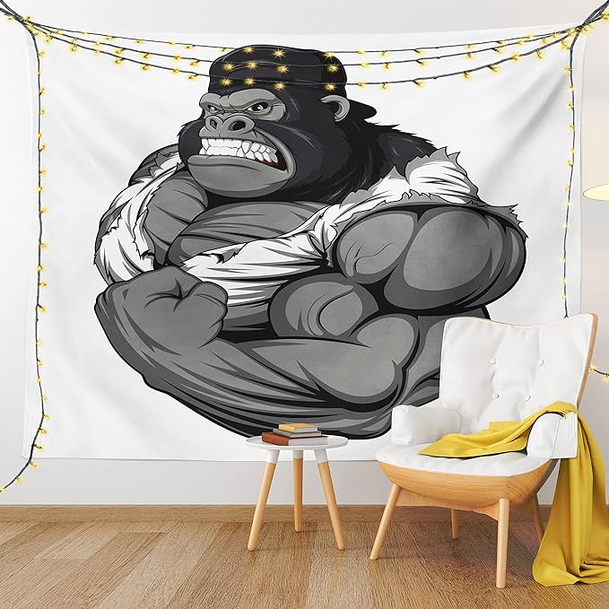 Ambesonne Cartoon Tapestry, Image of Big Gorilla Like as Professional Athlete Bodybuilding Gym Animal, Wall Hanging for Bedroom Living Room Dorm Decor, 60" X 80", Black White Grey