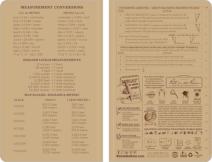 Rite in the Rain Weatherproof Leader Book, 4.625” x 7”, Tactical Tan Soft Cover, Universal Pattern with Army Reference Material (No. 980T)
