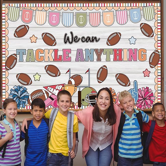 Spring Sports Football Bulletin Board Set Classroom Decorations We Can Tackle Anything Inspirational Bulletin Board Football Theme Cutouts for School Office Chalkboard Whiteboard Wall Window Decor